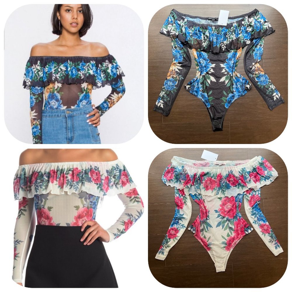 NWT Jealous Tomato Mesh Bodysuit Off Shoulder Ruffled Floral